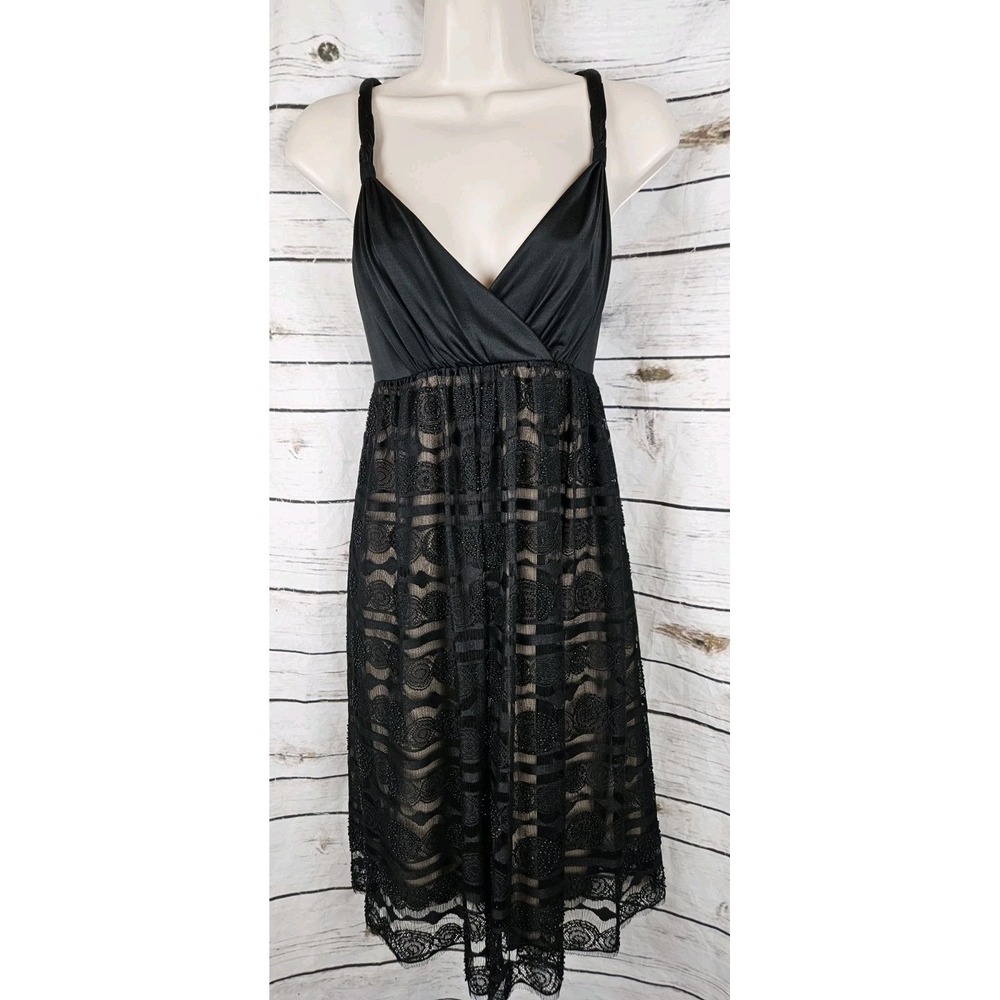 90s Y2K BCBG Maxazria Black Mesh Beaded Lace Dress M Fairy Whimsigoth Babydoll